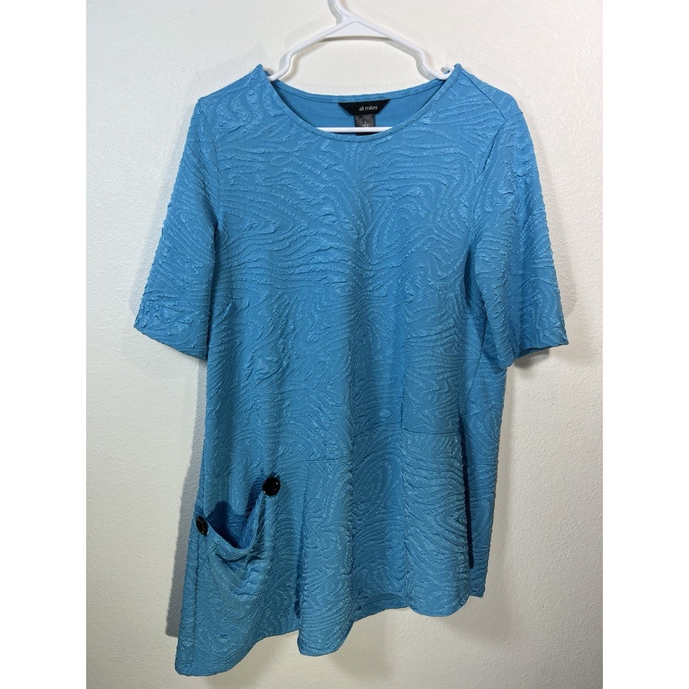 ali miles Women's Top Sz S Asymmetrical Blue Art Tunic Pullover Textured Stretch